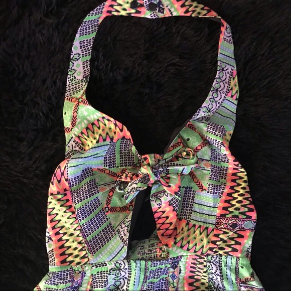 Vibrant pattern halter Jumpsuit Green Orange M - Picture 2 of 6